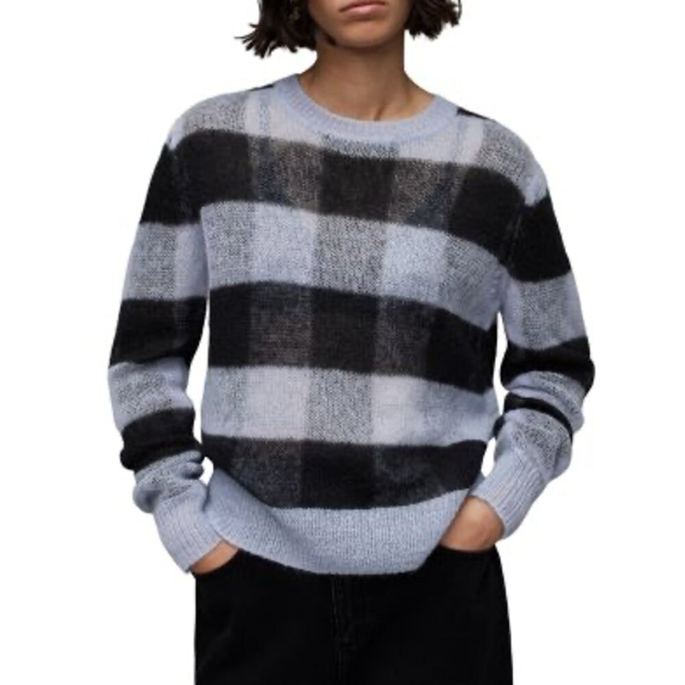 All Saints | Renee Jumper Icy Blue Plaid Mohair & Wool Blend Sweater Size Small